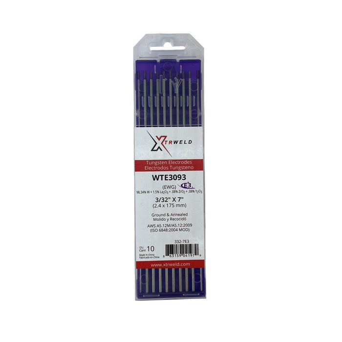 WTE3093 XTRweld Tungsten Electrode, Ground, E3 (Purple), 3/32" x 7", 10 pc