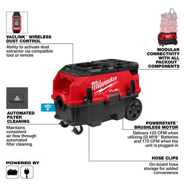 Milwaukee M18 FUEL™ 9 Gallon Dual Battery Dust Extractor w/ PACKOUT™ Comp 0888-20atibility and VACLINK™
