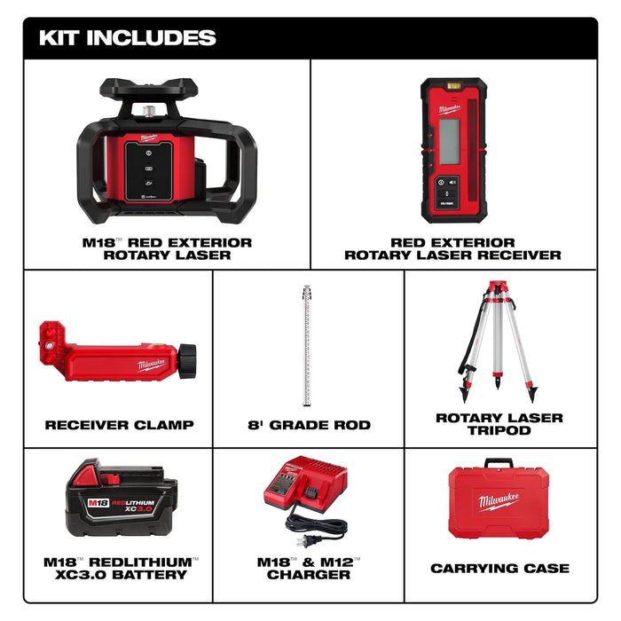 Milwaukee M18™ Red Exterior Rotary Laser Level Kit w/ Receiver, Tripod, & Grade Rod 3701-21T