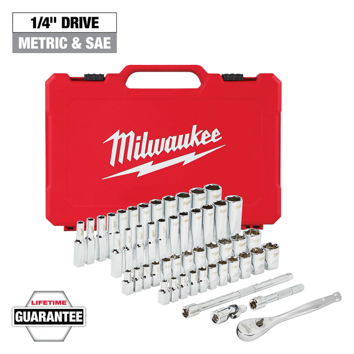 Milwaukee 1/4 in. drive Metric/SAE Mechanics Socket and Ratchet Set 50 pc 48-22-9004, main product view