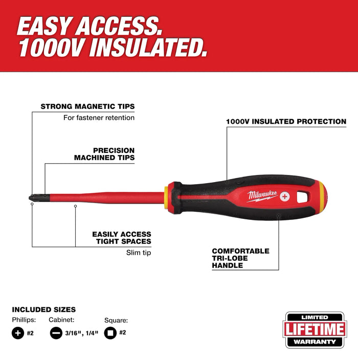 Milwaukee 4pc 1000V Insulated Slim Tip Screwdriver Set ,48-22-2219