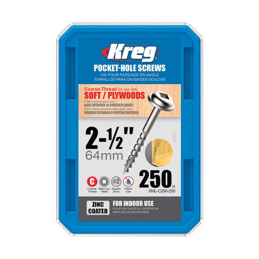 Kreg No. 8 X 2-1/2 in. L Square Zinc-Plated Coarse Pocket-Hole Screw 250 pk