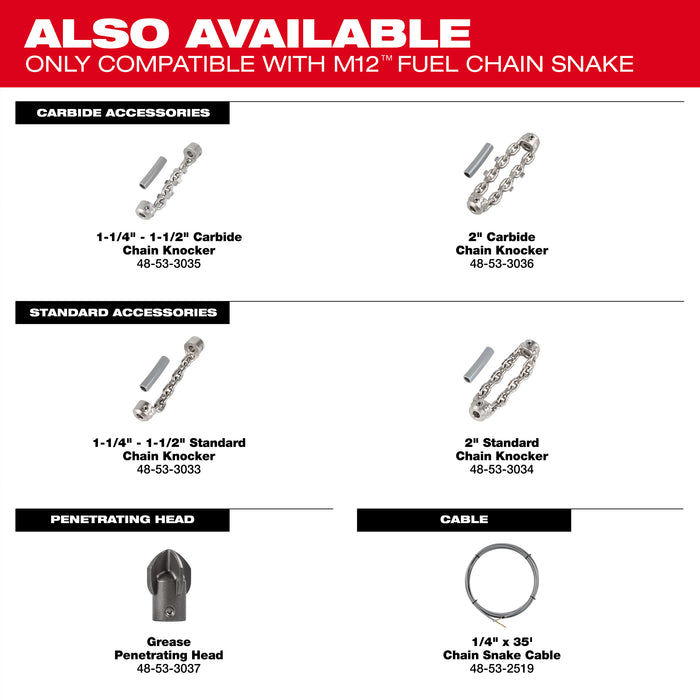 Milwaukee 2519-21 M12 FUEL™ High Speed Chain Snake for 1-1/4”-2” Pipes