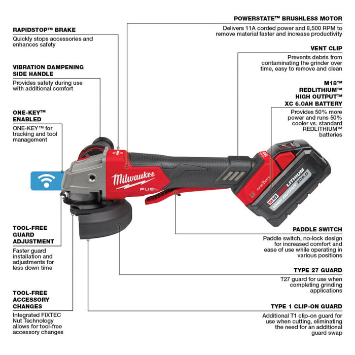 Milwaukee 2882-22 M18 FUEL™ 4-1/2" / 5" Braking Grinder w/ ONE-KEY™ Paddle Switch, No Lock