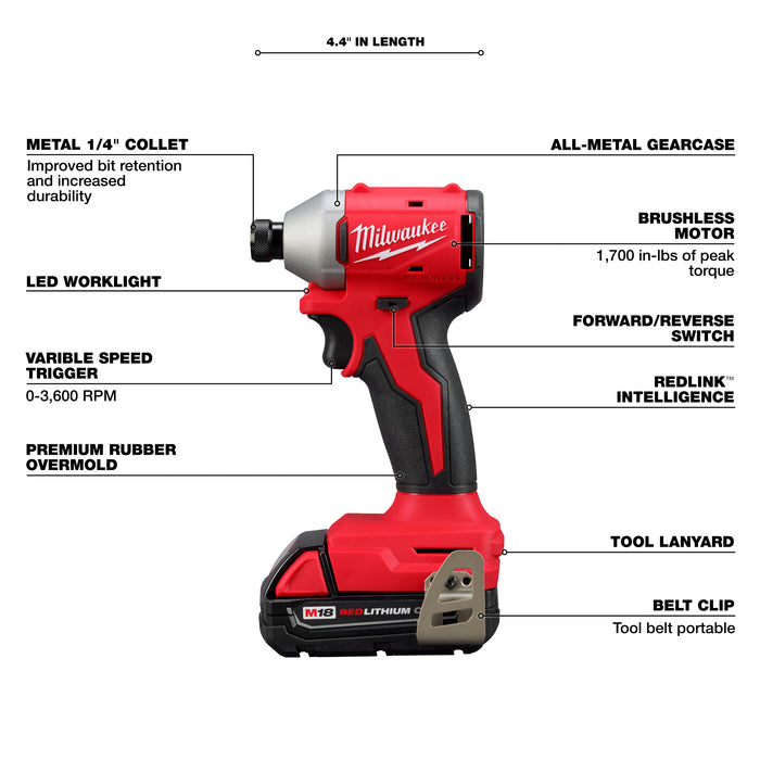 Milwaukee 3650-21CT M18™ Compact Brushless 1/4" Hex Impact Driver Kit