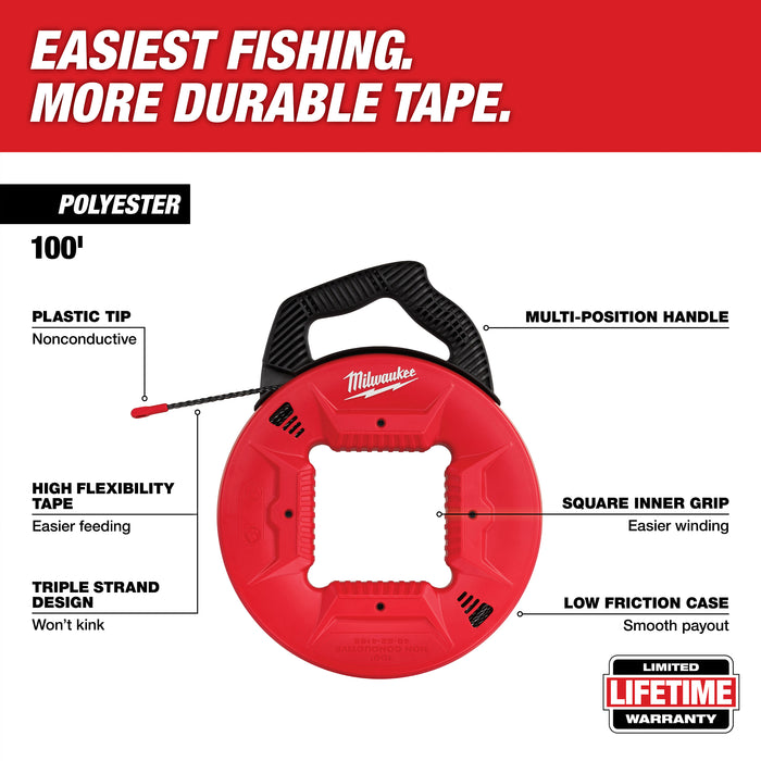 Milwaukee 48-22-4165 100’ Polyester Fish Tape with Nonconductive Tip