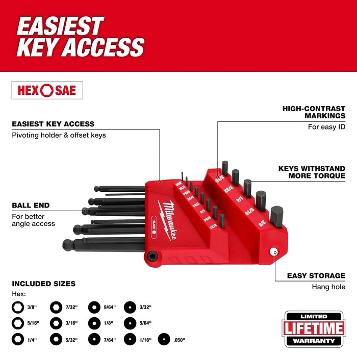 Milwaukee 22-Key Ball End L-Style Hex Key Set - SAE/Metric 48-22-2187
