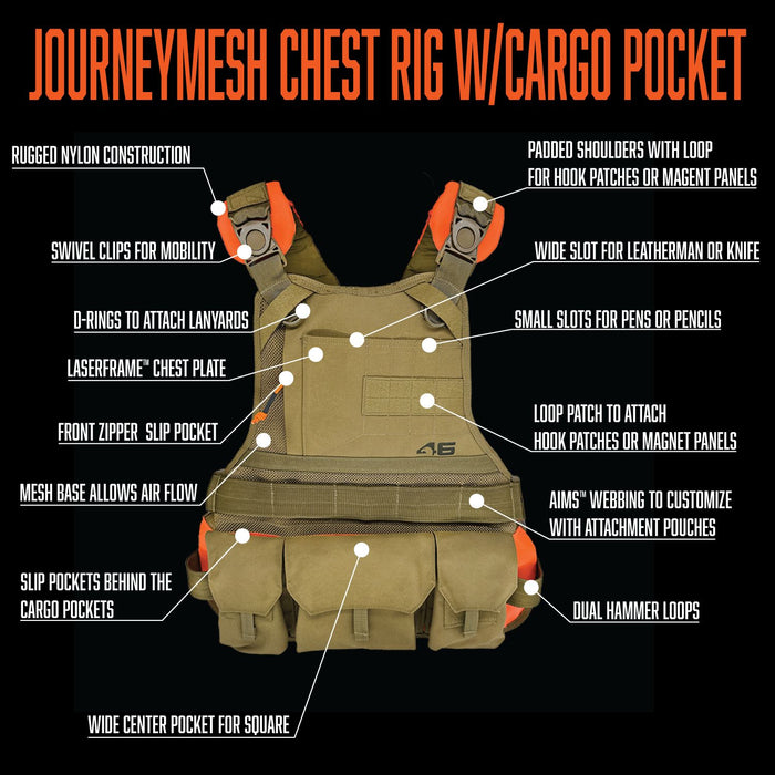 JourneyMESH™ Chest Rig W/ Cargo Pockets - V3 Coyote/Orange