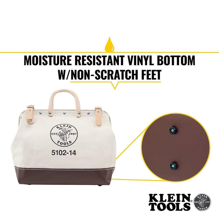 Klein Tools 5102-14 Heavy Duty Natural Canvas Tool Bag, Tool Tote, Multi-Purpose Bag with Wide Hinged Opening and Leather Handles, 14-Inch