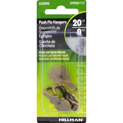 HILLMAN Antique Brass Gold Push Pin Picture Hook 20 lb 3 pk