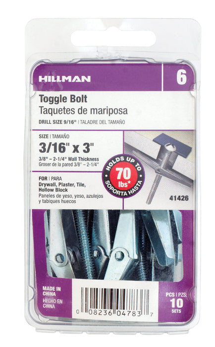 HILLMAN 3/16 in. D X 3 in. L Round Steel Toggle Bolt 10 pk