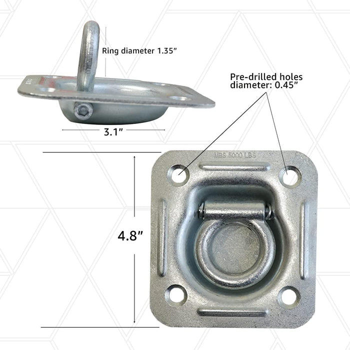 Boxer 4 Pack Heavy Duty Recessed D Ring Trailer Tie Down Zinc Plated Bolt-On Anchor - Square 4 Inch