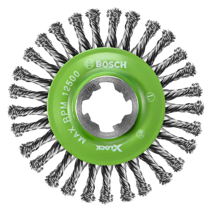BOSCH WBX409 4-1/2 In. X-LOCK Arbor Stainless Steel Stringer Bead Knotted Wire Wheel For Applications in Difficult Brushing in Tight Places for Cleaning Welds