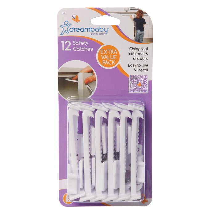 Dreambaby Safety Catches - Child Proofing Cabinet & Drawer Latches - White - 12 Pack - Model L181