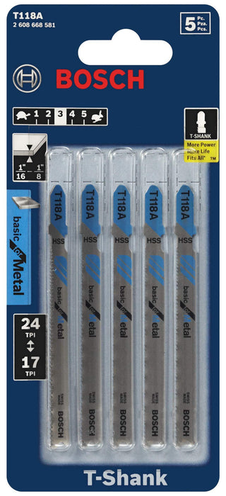 BOSCH T118A 5-Piece 3-5/8 In. 17-24 TPI Basic for Metal T-Shank Jig Saw Blades,Red