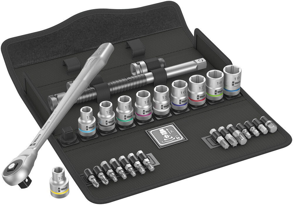 8100 SC 7 Zyklop Metal Ratchet Set with push-through square, 1/2" drive, metric