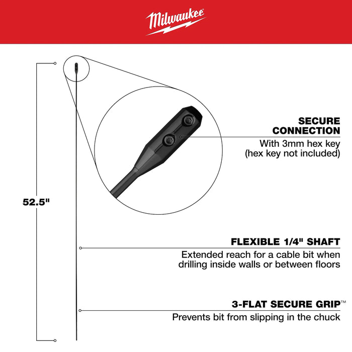 Milwaukee 1/4” x 52.5" Flexible Cable Bit Extension ,48-13-8124