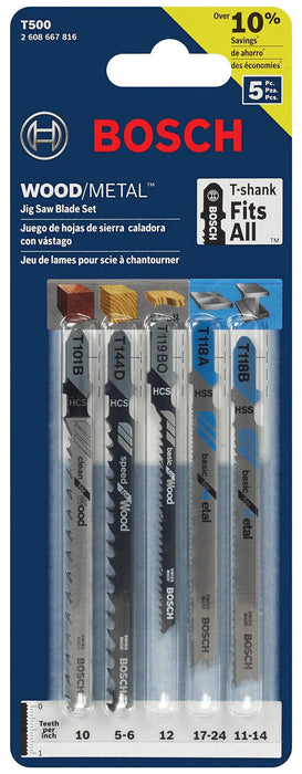 BOSCH T500 5-Piece T-Shank Jig Saw Blade Set for Wood and Metal
