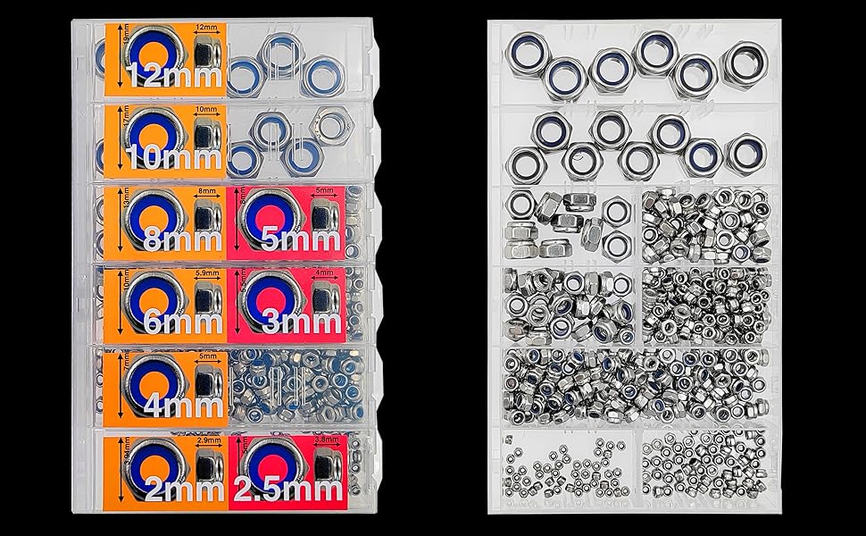 524 pcs Lock Nuts Assortment  - Stainless Steel 304 Nylon Insert Lock Nuts (Metric)