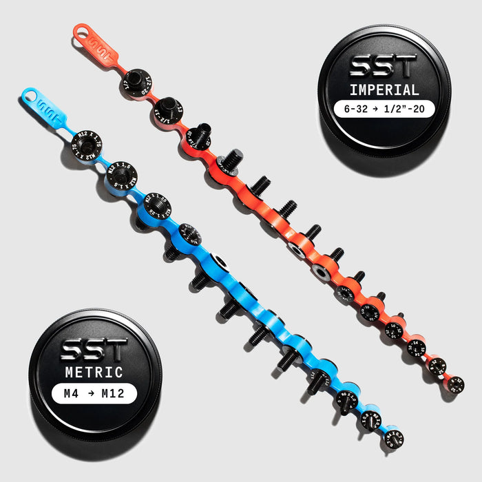 SST007-RB  Identibolt FLEX - Nuts and Bolt Thread Identifyer Tool SAE 6/32-7/16 Metric M4-M14. Red+Blue