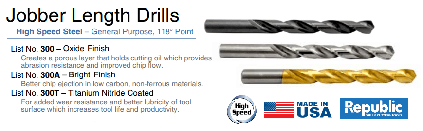 13pc 1/16-1/4X64 TIN COAT Titanium Nitride Coated For added wear resistance and better lubricity of tool surface which increases tool life and productivity. 118° Point Fractional Jobber Drill Sets Delivered in Huot Metal Case Made in the USA
