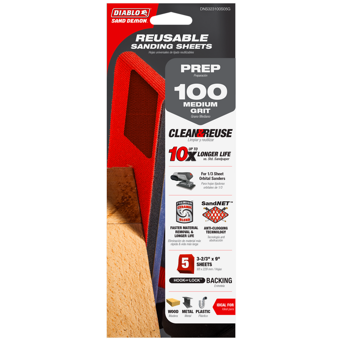 Diablo DNS323100S05G 1/3 Sheet Sand Demon™  100-Grit Reusable Sanding Sheets (5-pk) - Package image