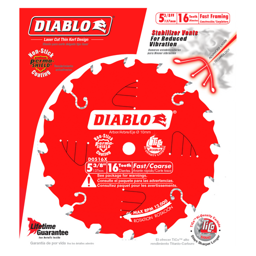 Diablo D0516X 5-3/8" x 16-Teeth Fast Framing Trim Saw Blade for Wood - Package image