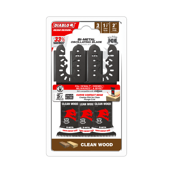Diablo DOU125JBW3 1-1/4" Demo Demon™ Universal Fit Bi-Metal Oscillating Blades for Clean Wood (3-pk) - Package image