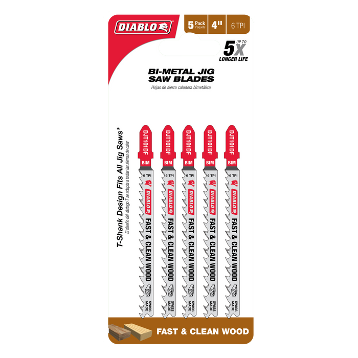Diablo DJT101DF5 4" 6TPI Bi-Metal Jig Saw Blades for Wood (5-pk) - Package image