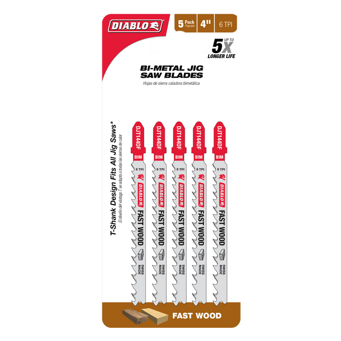 Diablo DJT144DF5 4" 6TPI Bi-Metal Jig Saw Blades for Wood (5-pk) - Package image
