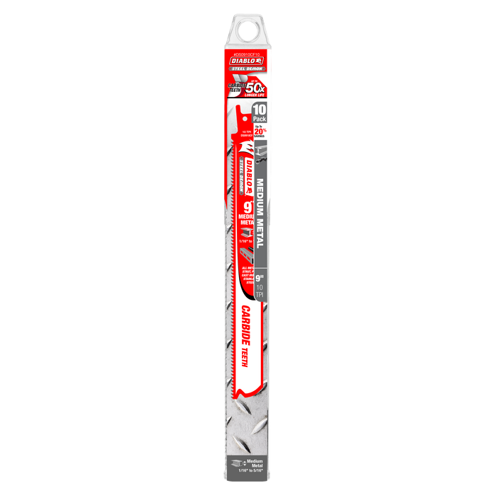 Diablo DS0910CF10 9" 10 TPI Steel Demon™ Carbide Teeth Reciprocating Saw Blades for Medium Metal (10-pk) - Package image