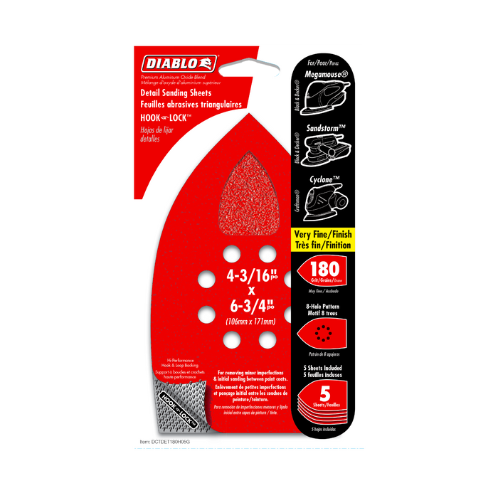 Diablo DCTDET180H05G 4-3/16" x 6-3/4" 180-Grit Hook & Lock™ MegaMouse Detail Sanding Sheets (5-pk) - Package image