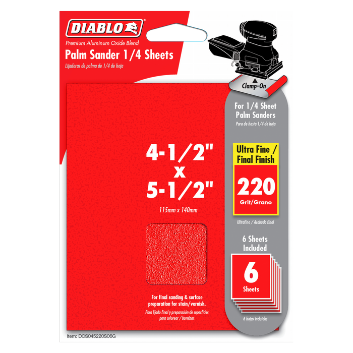 Diablo DCS045220S06G 4-1/2" x 5-1/2" 220-Grit Palm Sander 1/4 Sanding Sheets (6-pk) - Package image