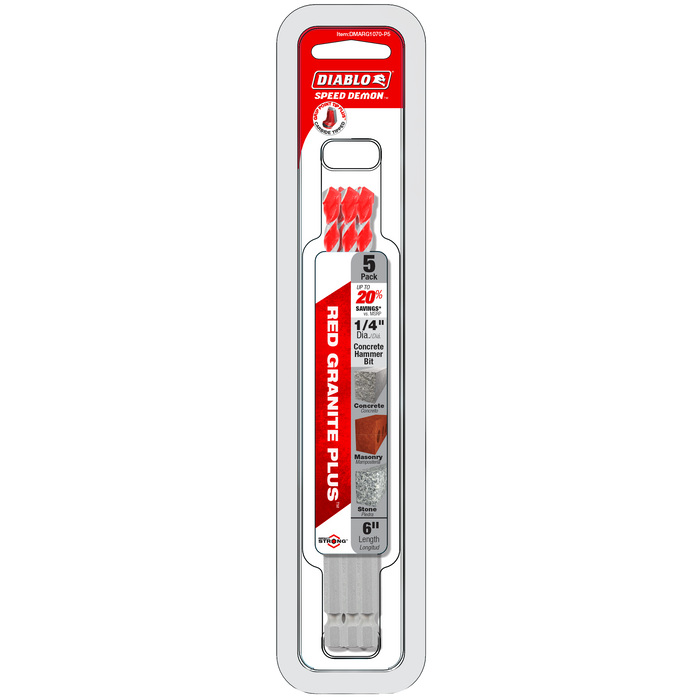 Diablo DMARG1070-P5 1/4" x 4" x 6" SPEEDemon™ Red Granite PLUS™ Carbide-Tipped Hammer Drill Bit (5-pk) - Package image