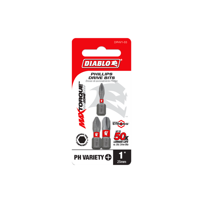 Diablo DPHV1-S3 3-Piece 1" Assorted Phillips Drive Bits - Package image