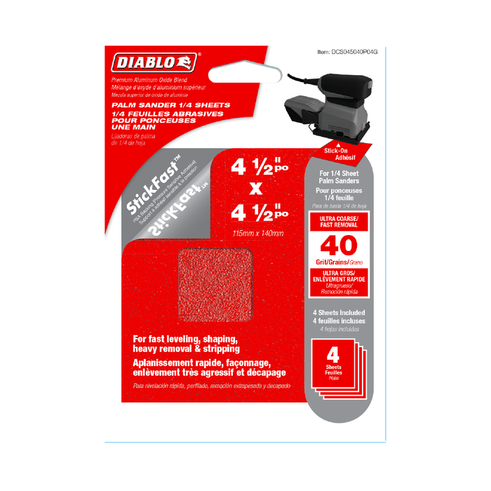 Diablo DCS045040P04G 4-1/2" x 4-1/2" 40-Grit StickFast™ Palm Sander 1/4 Sanding Sheets (4-pk) - Package image