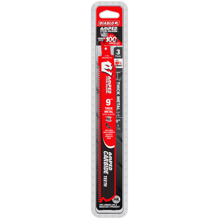 Diablo DS0908CFA3 9" 8TPI AMPED™ Steel Demon™ Carbide Teeth Reciprocating Saw Blades for Thick Metal (3-pk) - Package image
