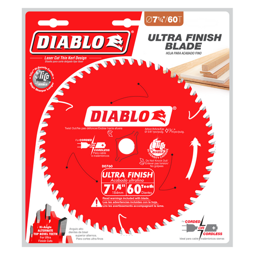 Diablo D0760A 7-1/4" x 60-Teeth Ultra Finish Carbide Saw Blade for Wood - Package image