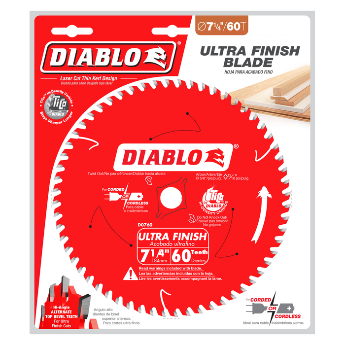 Diablo D0760A 7-1/4" x 60-Teeth Ultra Finish Carbide Saw Blade for Wood - Package image