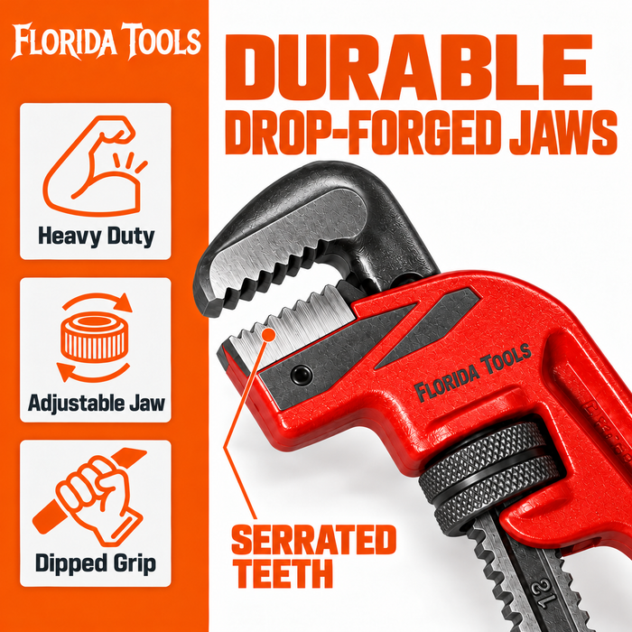 Florida Tools offset pipe wrench durable drop-forged jaws with serrated teeth