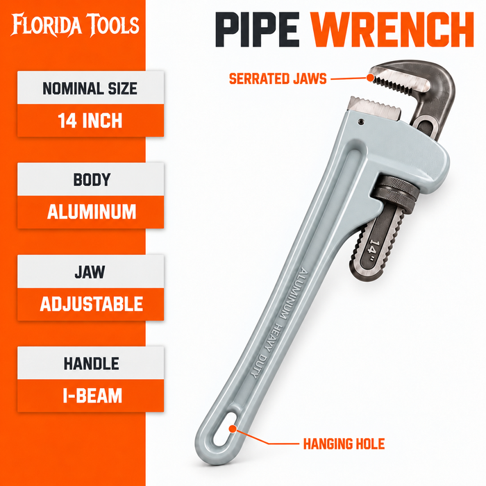 Florida Tools 14 inch aluminum pipe wrench specifications: aluminum body, adjustable jaw, I-beam handle