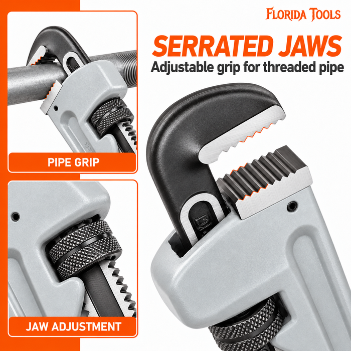 Serrated jaws of the Florida Tools 14 inch aluminum pipe wrench gripping threaded pipe