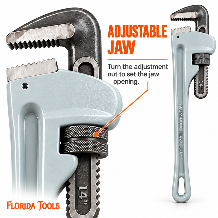 Adjustment nut and adjustable jaw on the Florida Tools 14 inch aluminum pipe wrench