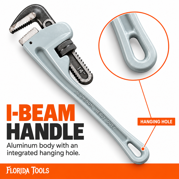 Aluminum I-beam handle with hanging hole on the Florida Tools 14 inch pipe wrench