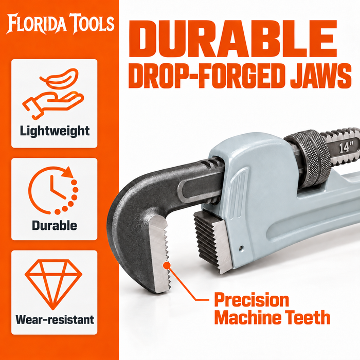 Drop-forged steel jaws with machined teeth on the Florida Tools 14 inch aluminum pipe wrench