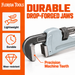 Drop-forged steel jaws with machined teeth on the Florida Tools 14 inch aluminum pipe wrench