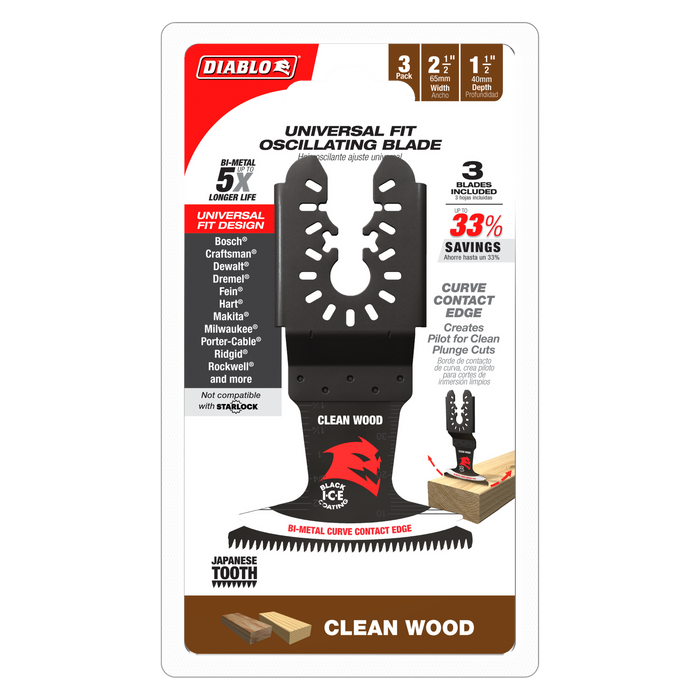 Diablo DOU250JBW3 2-1/2" Demo Demon™ Universal Fit Bi-Metal Oscillating Blades for Clean Wood (3-pk) - Package image