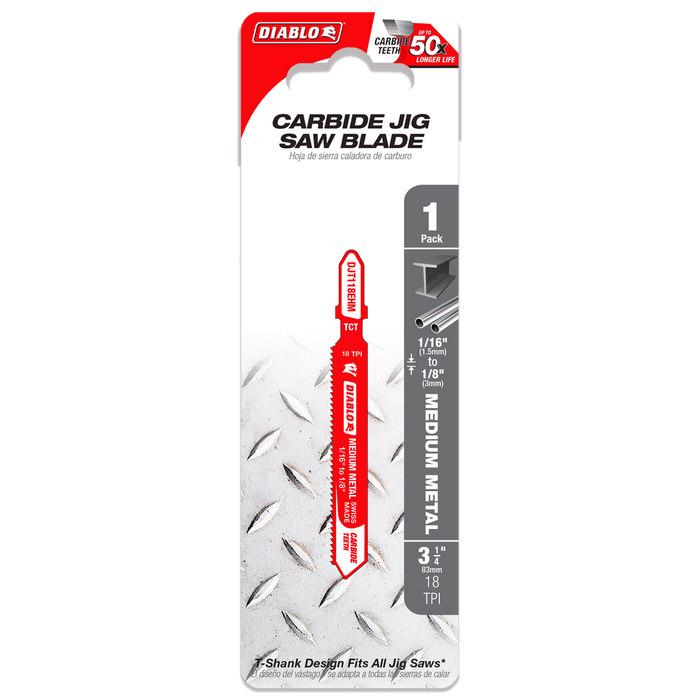 Diablo DJT118EHM 3-1/4" 18 TPI Carbide T-Shank Jig Saw Blade for Medium Metal - Package image