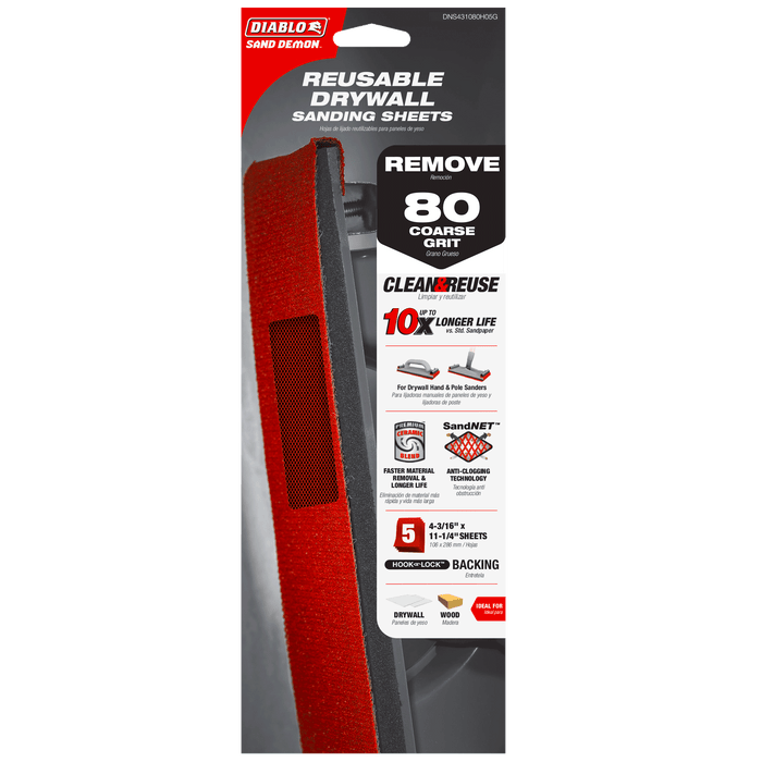 Diablo DNS431080H05G 4-3/16" x 11-1/4" Sand Demon™ 80-Grit Reusable Sanding Sheets for Drywall (5-pk) - Package image