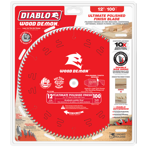 Diablo D12100X 12" x 100-Teeth Wood Demon™ Ultimate Polished Finish Saw Blade for Wood - Package image